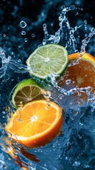 Wall Mural - Fresh Citrus Fruit Splashing in Water Against a Soft Blue Background