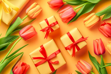 Wall Mural - Spring tulip flowers, gift boxes on color background top view in flat lay style. Greeting concept