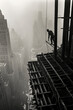 Generative AI illustration of solitary construction worker balances on a skyscraper's edge overlooking a foggy cityscape