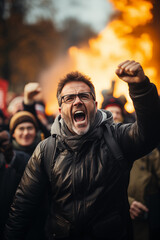 Wall Mural - Generative AI illustration of fervent protester yells with a raised fist against a backdrop of flames surrounded by other demonstrators