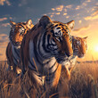 Tiger family in the savanna with setting sun shining. Group of wild animals in nature.