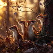 Weasel family in the forest with setting sun shining. Group of wild animals in nature.