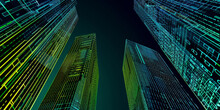 Digital Art Of Three Tall Buildings Made From Digital Code, On Black Background.