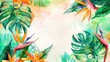 Bird of paradise and monstera wreath in a teardrop frame, detailed watercolor, bright background,