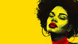 Young black African woman with afro hair illustration for fashion banner with copy space on yellow background.  generative ai