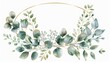 Chic watercolor wreath of eucalyptus and baby's breath in a thin oval gold frame,