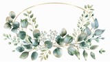 Fototapeta  - Chic watercolor wreath of eucalyptus and baby's breath in a thin oval gold frame,