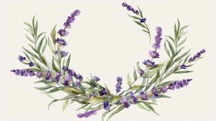 Wall Mural - Elegant lavender and sage wreath within a minimalist square frame, watercolor style,