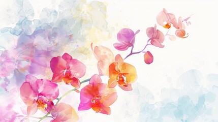 Wall Mural - Elegant watercolor orchids with a simplistic bright background, greeting card design,