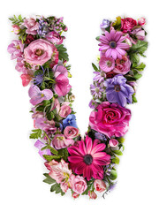 Wall Mural - Flower font alphabet V made of colorful floral letter on white background