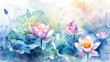 Serene watercolor bouquet of lotus and water lilies, minimalist bright background,