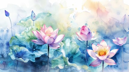 Wall Mural - Serene watercolor bouquet of lotus and water lilies, minimalist bright background,