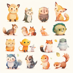 Wall Mural - set of animals, cute animal, shaped illustrations