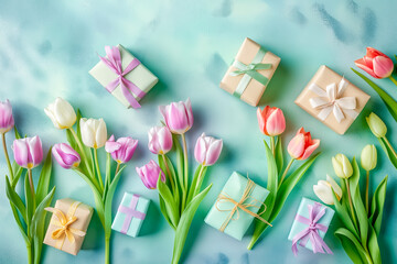 Wall Mural - Spring tulip flowers, gift boxes on blue background top view in flat lay style. Greeting concept