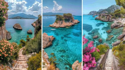 Wall Mural - Three Views of Beach With Steps Leading to Water