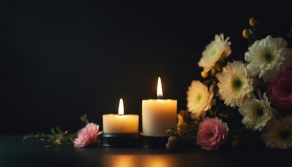 Wall Mural - Burning candles and flowers on black background with space for text an obituary, list of dead. Funeral concept