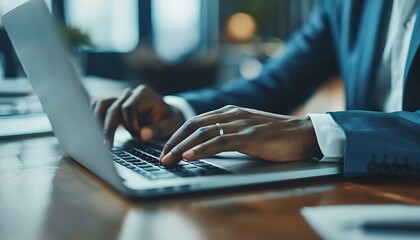 Poster - Detailed view of businessperson typing on laptop during meeting, showcasing work in progress