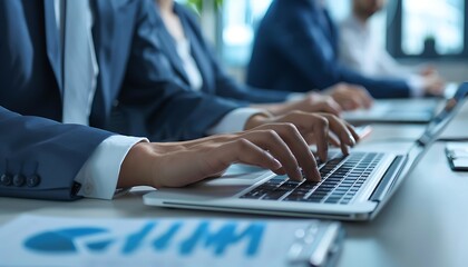 Poster - Detailed view of businessperson typing on laptop during meeting, showcasing work in progress