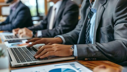 Poster - Detailed view of businessperson typing on laptop during meeting, showcasing work in progress