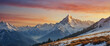 Photo real as Alpine Glow A watercolor sunrise over snow capped mountains. in nature and landscapes theme ,for advertisement and banner ,Full depth of field, high quality ,include copy space on left, 