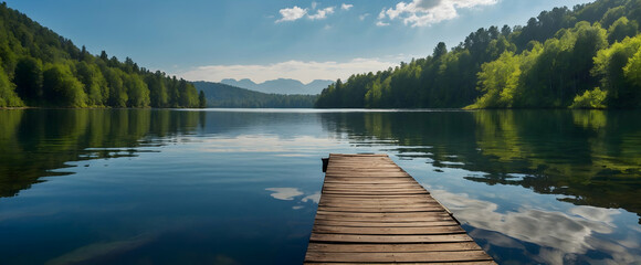 Photo real as Lake Serenity A serene lake reflects the calmness of nature embrace. in nature and landscapes theme ,for advertisement and banner ,Full depth of field, high quality ,include copy space o