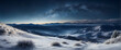 Photo real as Snowy Solitude Snow covered hills offering a peaceful retreat under a starry sky. in nature and landscapes theme ,for advertisement and banner ,Full depth of field, high quality ,include