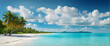 Photo real as Tropical Paradise A serene beach with turquoise waters and white sands. in nature and landscapes theme ,for advertisement and banner ,Full depth of field, high quality ,include copy spac