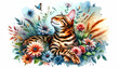 for advertisement and banner as Bengal Bliss A Bengal cat in blissful repose surrounded by watercolor flora. in watercolor pet theme theme ,Full depth of field, high quality ,include copy space on lef