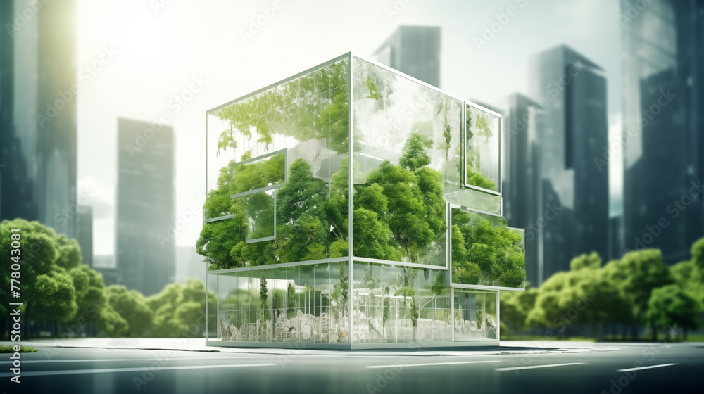Modern minimalist eco friendly building with large windows, full of ...