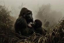 Mother Gorilla Tenderly Holds Her Baby In Mist. 