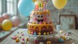 Birthday cake decorated with colorful sweets, chocolate, candles, balloons. Cute face smiling.