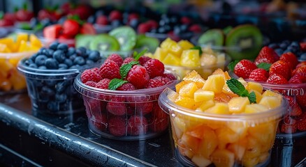 Wall Mural - Fresh organic ripe fruit slices and various berries in plastic containers in supermarket.Macro.AI Generative.