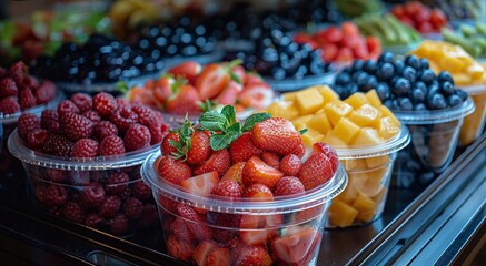 Wall Mural - Plastic containers with fresh raw ripe fruit slices and berries in supermarket.Macro.AI Generative.