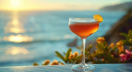 Wall Mural - Elegant sour cocktail glass with orange slice on summer holiday resort with ocean view.Macro.AI Generative.