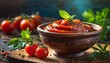 Tomato sauce in bowl with fresh tomatoes and herbs on wooden background