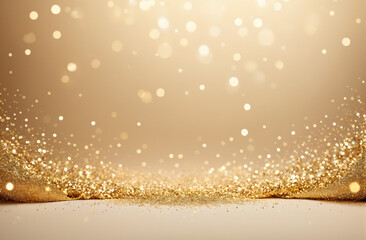 background with light beige and gold particle. bright golden light shine particles bokeh on light be
