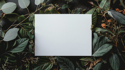 Wall Mural - top view of dark leaves and white card with copy space