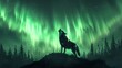 A wolf is standing on a hill in front of a green aurora. The image has a mood of mystery and wonder, as the wolf's howl echoes through the night sky