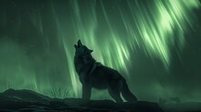 A Wolf Is Standing On A Rocky Hillside, Looking Up At The Sky. The Sky Is Filled With Green Auroras, Creating A Serene And Peaceful Atmosphere