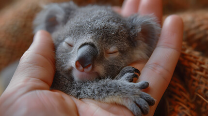 Wall Mural - a tiny micro baby koala sleeping on someone else's fingers