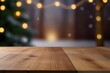 Empty woooden table top with abstract warm living room decor with christmas tree string light blur background with snow,Holiday backdrop,Mock up banner for display of advertise Generative AI