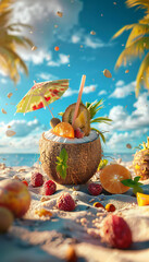 Wall Mural - Vertical recreation of a tropical drink ice in coconut in the shore of a paradisiac beach