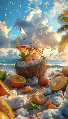 Wall Mural - Vertical recreation of tropical drink ice in half coconut in the shore of a paradisiac beach	at sunset
