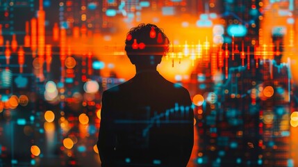 Wall Mural - a man is standing in front of a city skyline with a dark suit on. the image is a representation of t
