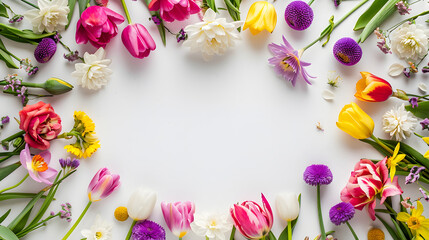 Wall Mural - Colorful spring flowers frame a white background with copy space