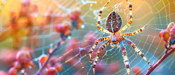 a close-up macro photo demonstrating the intricate patterns seen in nature, showing a spider spinning its web early in the morning.