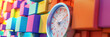 Clock and colorful cubes Time management concept, Clock with dial with arrows alarm clock time and punctuality concept.

