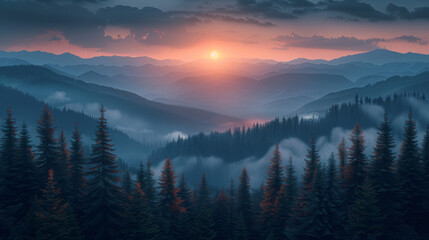 Wall Mural - Vector illustration of beautiful dark blue mountain landscape with fog and forest. sunrise and sunset in mountains.