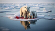 Polar bears on melting ice in the Arctic sea. Melting polar ice caps, with a polar bear standing on a shrinking ice floe