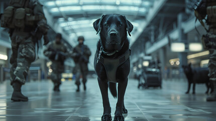 Wall Mural - A black Labrador dog wearing an airport security collar walks through the empty terminal of its bustling home city